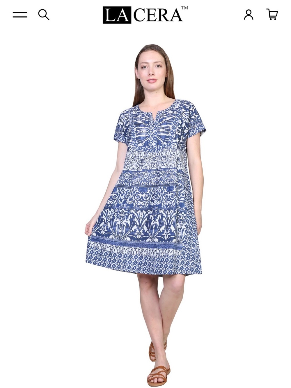 LA CERA Blue White Printed Short Sleeve Dress